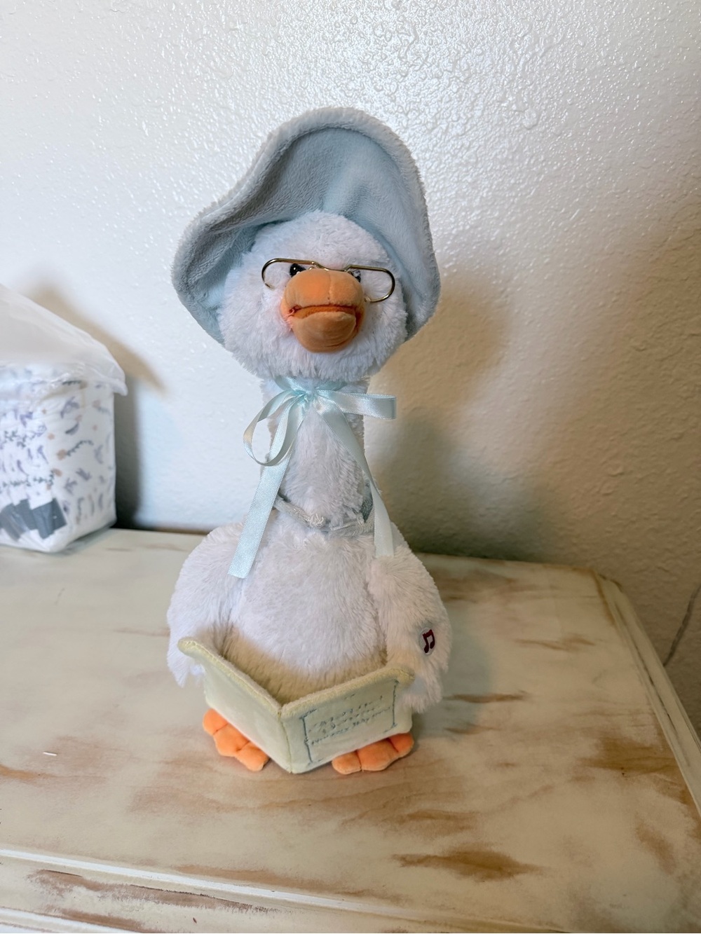 White Plush Mother Goose with Light Blue Hat and Ribbon